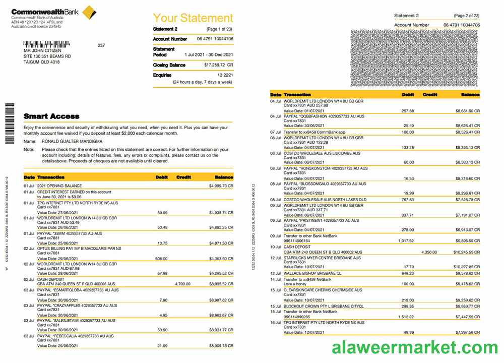 Australia Commonwealth bank statement template in Word and PDF format, 23 pages